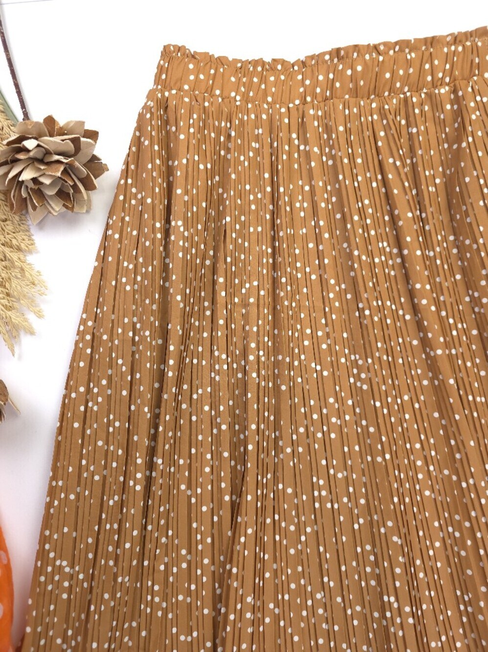 Pleated Polka Dot Midi Skirt - Brown Sz M - Picture 3 of 13